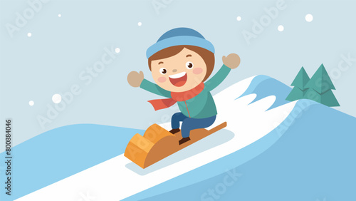 A child riding a homemade cardboard sled down a snowcovered hill laughing with glee at the excitement of a frugal winter activity.