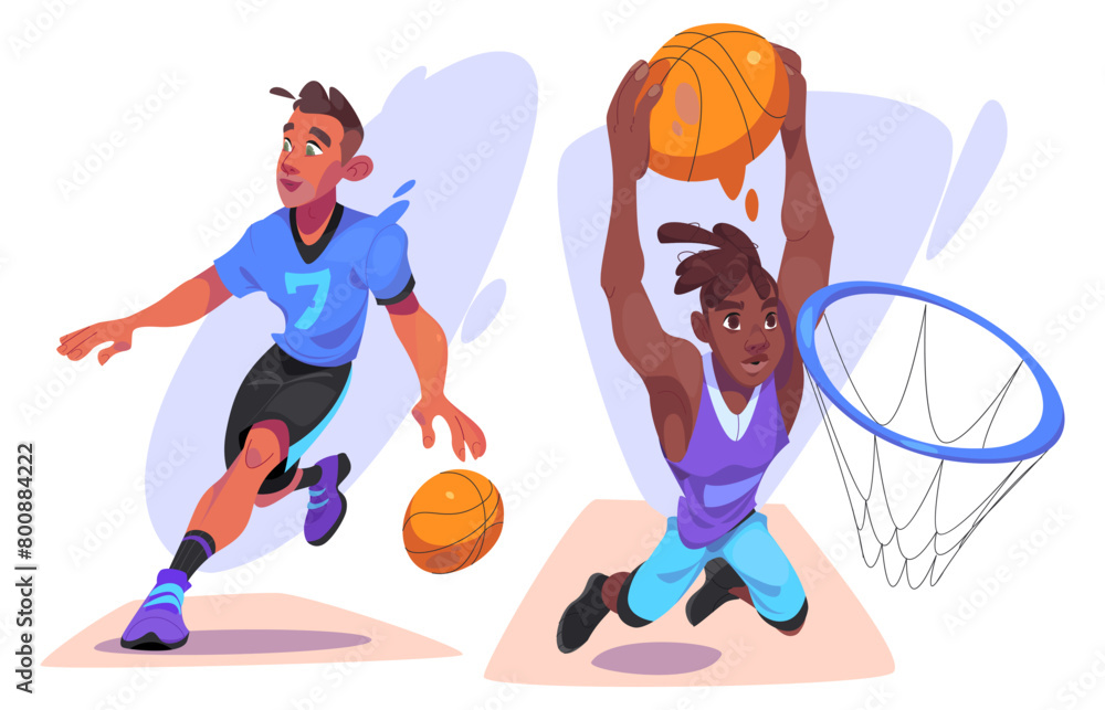Fototapeta premium Basketball player sport illustration. Black afro boy shot ball in basket cartoon vector isolated on white background. Running african guy in uniform playing and jump. Professional male athlete