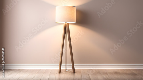 A lamp is lit up and is standing on a wooden base photo