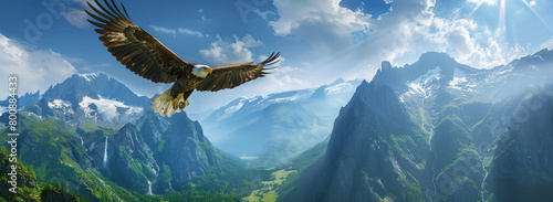 Bald eagle flying over green mountains, alps in the background, blue sky