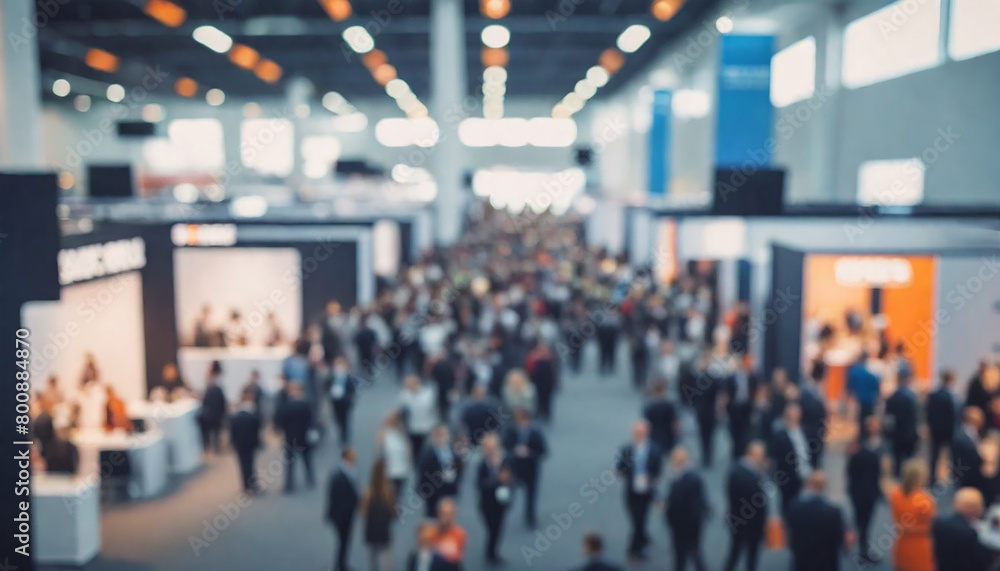 Business conference, trade fair, expo hall, crowd activity and attendees, blurred background, copy space