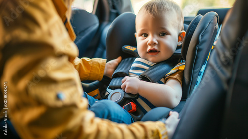 Securing Safety: Child in Car Seat with Parent Checking Belts