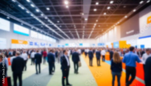 Business conference, trade fair, expo hall, crowd activity and attendees, blurred background, copy space photo
