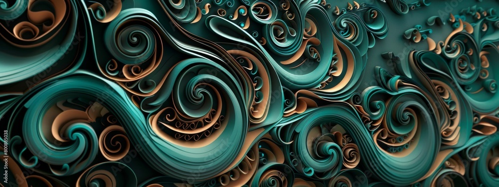 3D render of turquoise and black swirls in the style of intricate paper cutouts 3D render of turquoise and black swirls in the style of intricate paper cutouts