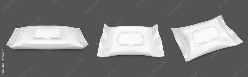 Wet wipe package with plastic flap mockup. Realistic 3d vector set of front and side view on white blank closed hygiene tissue pack. Template of bag or container for hygiene antibacterial napkin. Wet wipe package with plastic flap mockup. Realistic 3d vector set of front and side view on white blank closed hygiene tissue pack. Template of bag or container for hygiene antibacterial napkin.