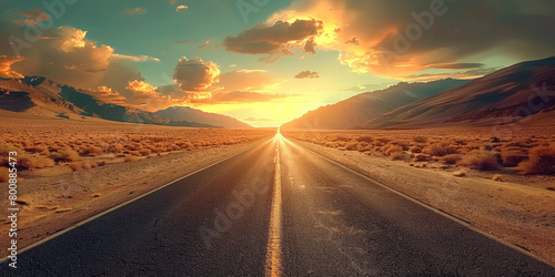 empty road in a desert at sunset 