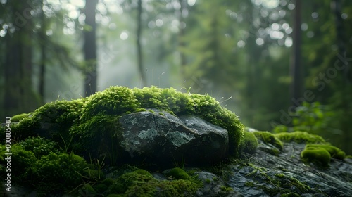 Stone covered in moss  serene forest enclosing  misty atmosphere with dense trees and foliage  a close up of green moss on rocks.