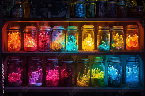 shelves with jars full of luminescent mushrooms of different colors.