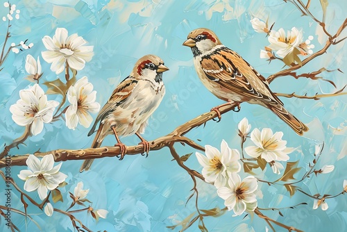 Two Birds on Tree Branch with White Flowers - Blue Autumn Landscape Oil Painting