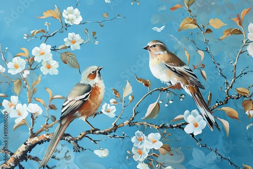 Two Birds on Tree Branch Vertical Oil Painting - White Flowers - Blue Background - Printable Bird and Floral Scene - Autumn Landscape Merge © Michael