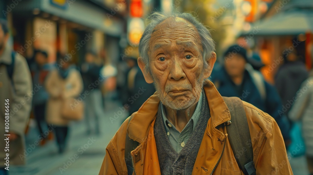 At the edge of a bustling street, an elderly figure stands, unnoticed by the passing throngs, lost in the depths of his own despair. At the edge of a bustling street, an elderly figure stands, unnoticed by the passing throngs, lost in the depths of his own despair.