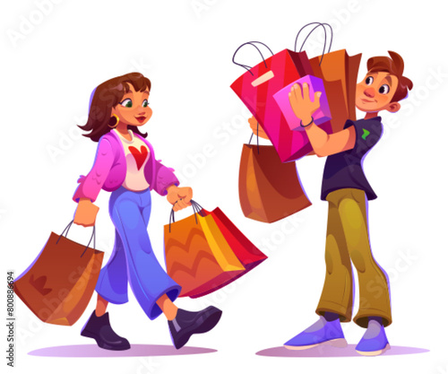 Buyer character after shopping in mall. Happy woman shopper with supermarket bag. Family illustration set as consumer carrying package and purchase gift in market. Excited guy hold bags isolated © klyaksun