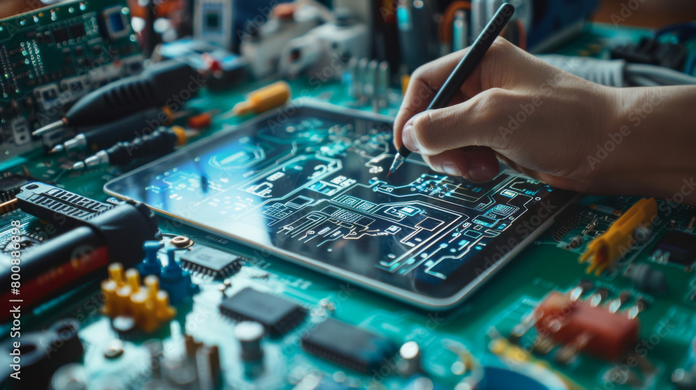 An electronic engineer uses a stylus on a digital tablet to design intricate circuitry, surrounded by components and tools. An electronic engineer uses a stylus on a digital tablet to design intricate circuitry, surrounded by components and tools.
