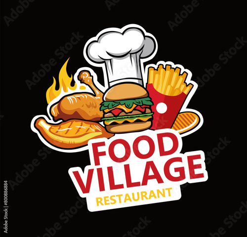vector fast food or junk food restaurant logo for restaurant menu  card  food menu  poster  business card. creative logo with creative name and beef burger  grill  french fries etc fast food. 