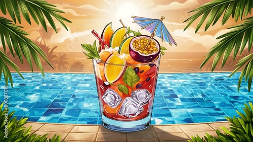 Summer cocktail on pool background illustration