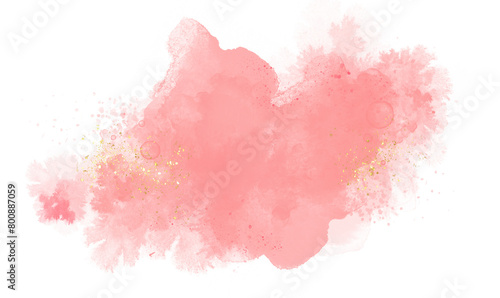 Pastel rose or pink watercolor stroke splash with luxury golden and glitter gold lines round contour for banner or logo wedding elements