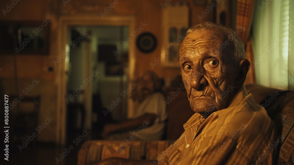 In the living room, the old man's eyes betray the ache of his soul, yearning for peace amidst chaos.