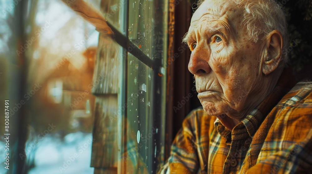 Leaning against the windowpane, the old man's gaze is distant, lost in the labyrinth of his mind. Leaning against the windowpane, the old man's gaze is distant, lost in the labyrinth of his mind.