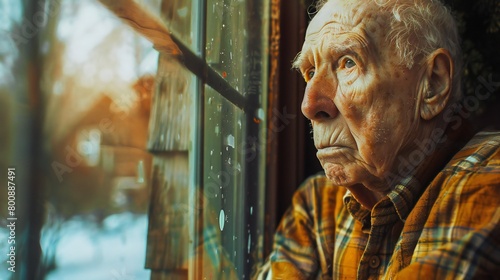 Leaning against the windowpane, the old man's gaze is distant, lost in the labyrinth of his mind.