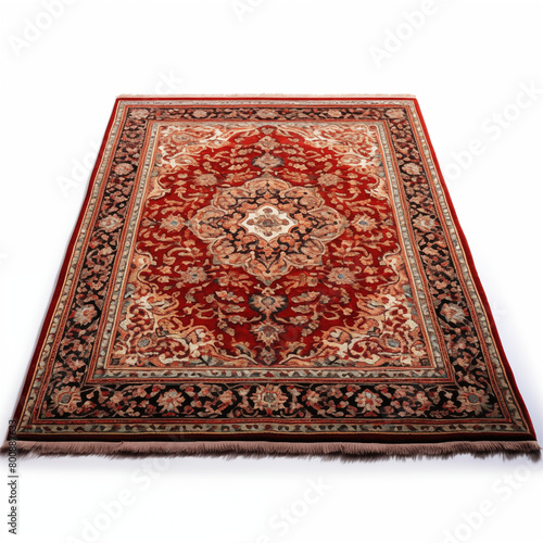 Red oriental carpet with intricate floral and geometric patterns isolated on white background High resolution detailed image of a traditional Persian rug