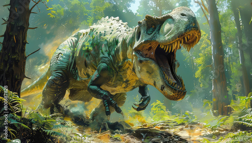 A majestic tyrannosaurus rex  with its powerful body and sharp teeth. Created with Ai