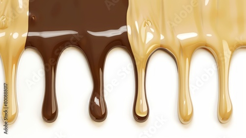 Chocolate dripping light yellow and dark beige background. World Chocolate Day concept. Sweet chocolates perfect for valentines day background. 