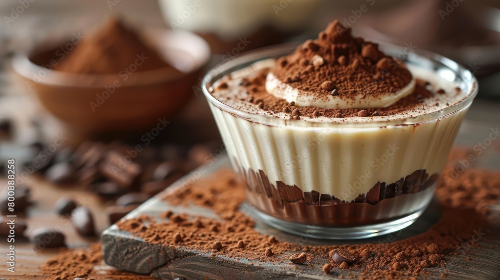 Tiramisu in a glass bowl, on a wooden table, scattered cocoa background. World Chocolate Day concept. Sweet chocolates perfect for valentines day background.