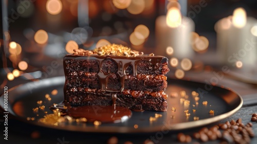 A decadent and indulgent chocolate dessert, with layers of rich cake background. World Chocolate Day concept. Sweet chocolates perfect for valentines day background.  © Pha