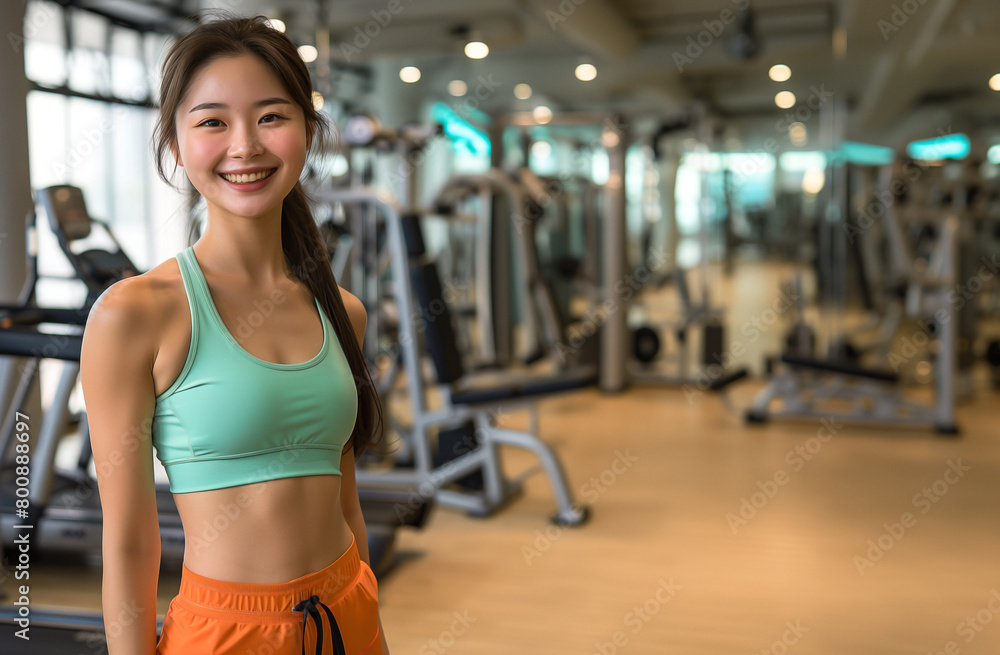 A happiness body training concept , A woman 20 wearing sportswear in the gym, muscular body, with an empty background of high-end sports equipment. A happiness body training concept , A woman 20 wearing sportswear in the gym, muscular body, with an empty background of high-end sports equipment.
