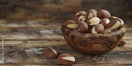   Brazil Nuts in a Rustic Wooden Bowl on wooden table background, A Superfood Extravaganza for the Discerning Vegan and Health-Conscious Vegetarian, Perfectly for Your Next Healthy Snack  

 photo