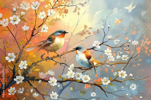 Two Birds on Tree Branches: Colorful Autumn Morning Oil Painting Artwork © Michael