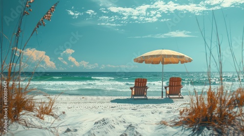 Beach chair and umbrella on the beach, vintage filter effect. photo
