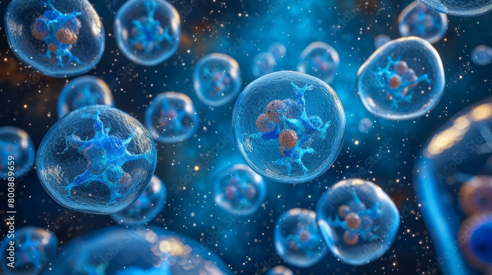 Blue illustration of a cluster of floating cells with visible nuclei and cytoplasm Blue illustration of a cluster of floating cells with visible nuclei and cytoplasm