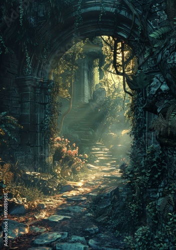 Mystical overgrown ruins in the middle of a dense forest