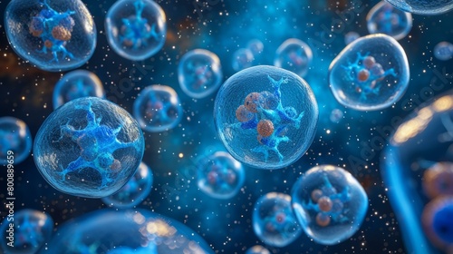 Blue illustration of a cluster of floating cells with visible nuclei and cytoplasm