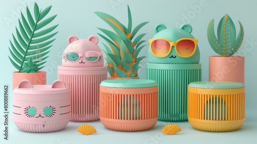 3D rendering of a group of cute animal-shaped speakers