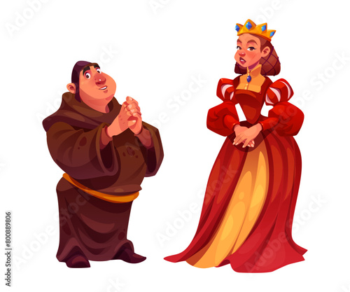 Medieval people vector. Cartoon princess and man from middle age fairytale. Fantasy renaissance queen costume. Royal person dress and young male robe isolated collection for historical carnival