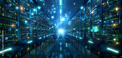 Ultra-wide digital landscape of server racks in a data center, illuminating the architecture of the internet in 21:10.