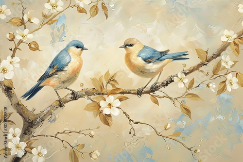 Birds on a Tree Branch: Morning Light Oil Painting Printable Art