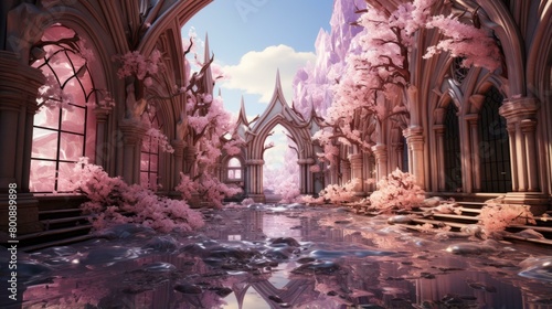 fantasy pink castle ruins overgrown with cherry blossoms