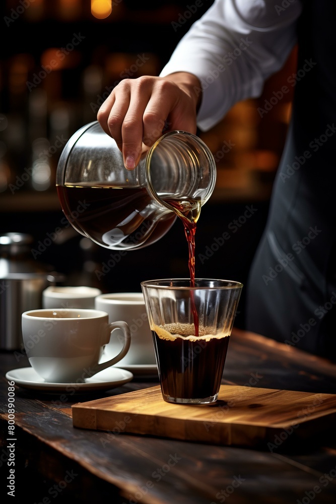 Barista pouring coffee from a glass carafe into a glass cup