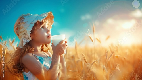 child drinks a glass of milk against the background of a wheat field  Generative AI 