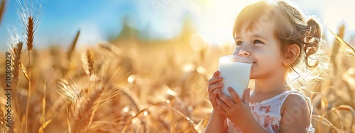 child drinks a glass of milk against the background of a wheat field, Generative AI,
