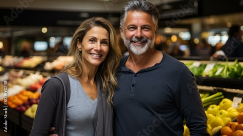 A man and a woman smiling in a grocery store