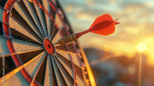 Red dart hitting the center of dartboard with sunset in the background