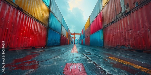 A wide angle shot of a colorful shipping container yard photo