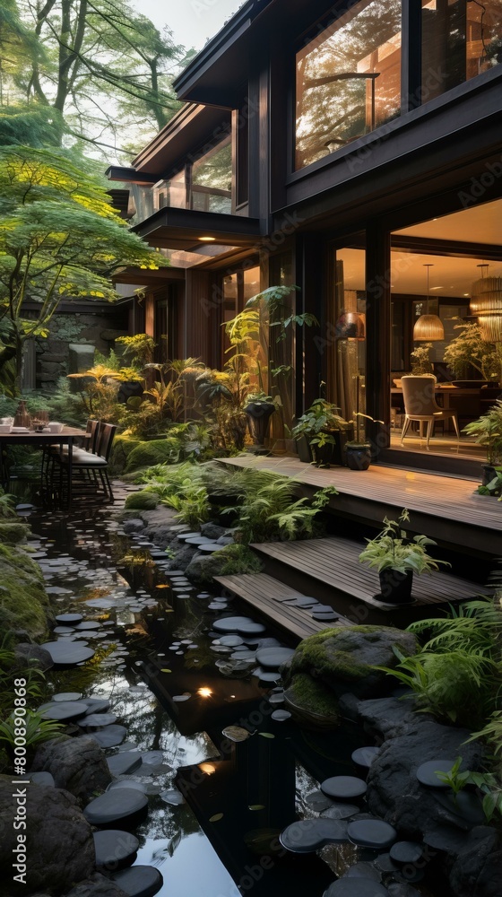 Courtyard with a pond and a wooden house