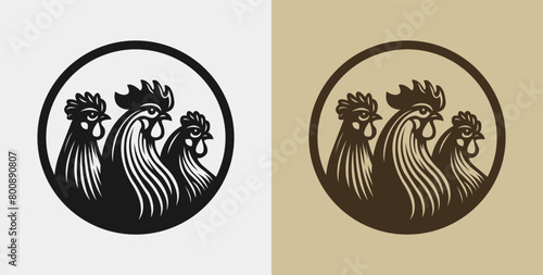 Three Roosters Chickens, Farm birds circular emblem