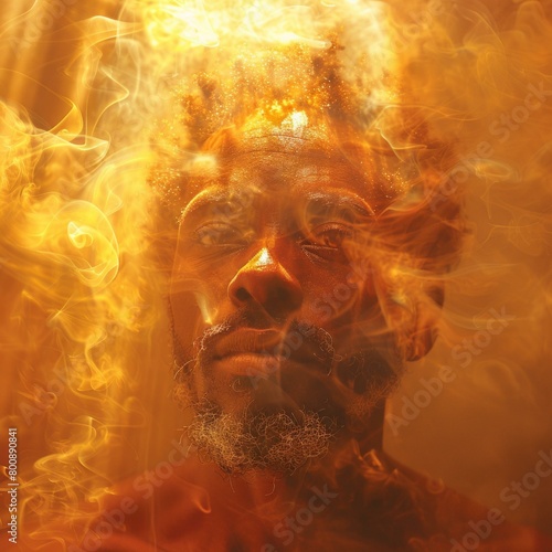Portrait of a man with golden smoke around his head