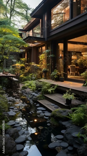 Courtyard with a pond and a wooden house © Adobe Contributor